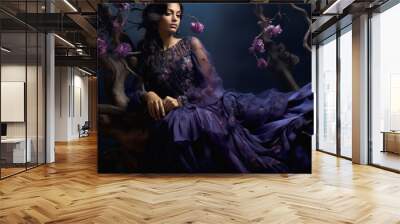 beautiful young woman model setting in purple dress. Wall mural