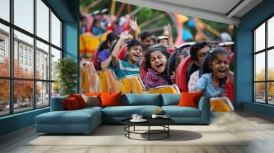 children and adults enjoying in the ride of roller coaster Wall mural