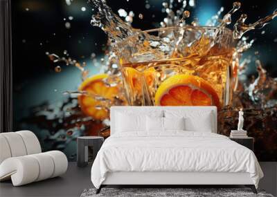 Close up view of water or red wine splashing in glass. Wall mural