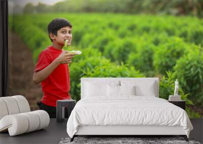 Cute indian child eating raw banana fruit at agriculture field Wall mural