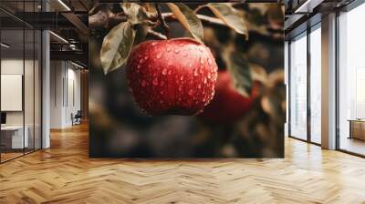 Fresh red apple with water drop on tree branch Wall mural