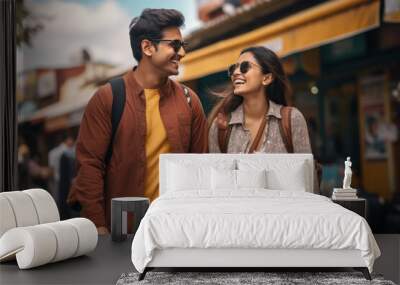 Happy indian couple tourist holding bag wearing sunglasses and enjoying journey Wall mural