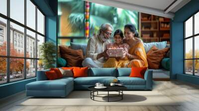 happy Indian family celebrating Diwali festival at home Wall mural