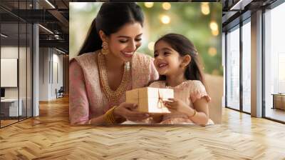 happy indian mother and daughter holding gift box Wall mural