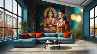 happy woman holding diya and plate with sweets during Diwali festival, on background blurred painting on wall with Indian goddess Wall mural