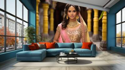 Indian bride in traditional wear and jewelery standing at temple Wall mural