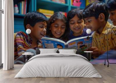 indian children group reading story book at home Wall mural