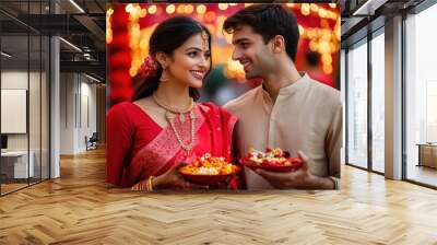 Indian couple celebrating diwali festival Wall mural