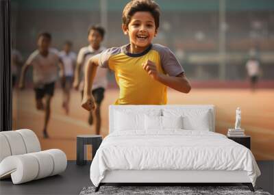 Indian little boy running in stadium. Concept of action, sport, healthy life, competition. Wall mural