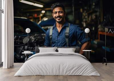 Indian male car mechanic working at garage Wall mural