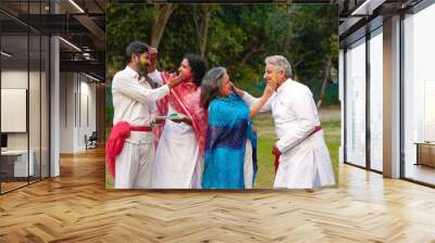 indian people celebrate holi festival together at park. Wall mural