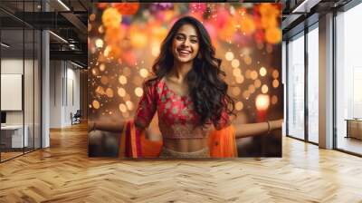 Indian woman giving happy expression and celebrating diwali festival Wall mural