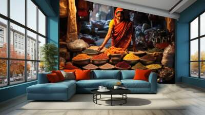 Indian woman selling spices or vegetables at local market. Wall mural