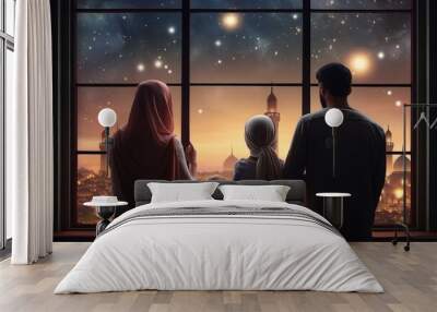 Islamic family looking moon and star from window. ramadan eid festival. Wall mural