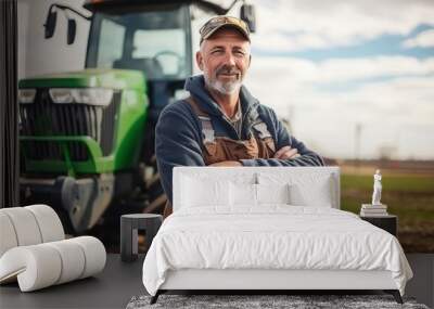 senior western farmer standing at farm with tractor Wall mural