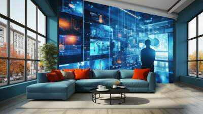 Technology or mixed media on blue lights Wall mural