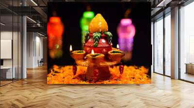 Traditional oil lamps with flower decoration for indian festival diwali. Wall mural