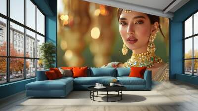 Young and beautiful indian model wearing gold jewelery Wall mural