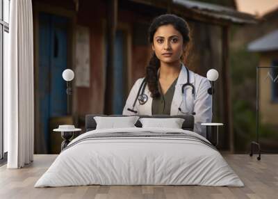 Young and confident female doctor standing in uniform with stethoscope Wall mural