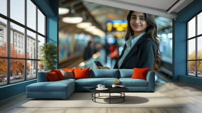 Young businesswoman standing on metro station and holding smartphone Wall mural