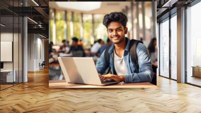 Young college student using laptop, smiling Wall mural