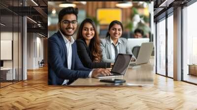 young corporate employee team working together and giving happy expression at office Wall mural