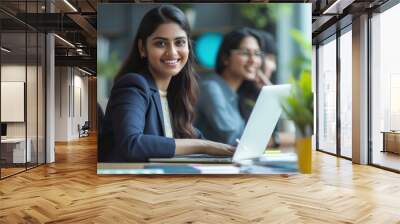 young corporate employee team working together and giving happy expression at office Wall mural