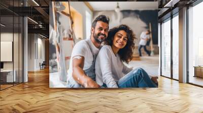 Young couple renovation his house Wall mural