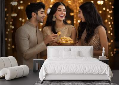 young indian people holding sweet plate together on diwali festival Wall mural