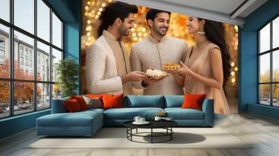 young indian people holding sweet plate together on diwali festival Wall mural