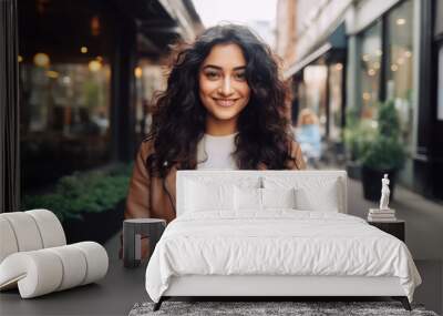 young indian woman holding smartphone Wall mural