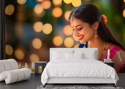 young indian woman sitting with oil lamps on diwali festival Wall mural