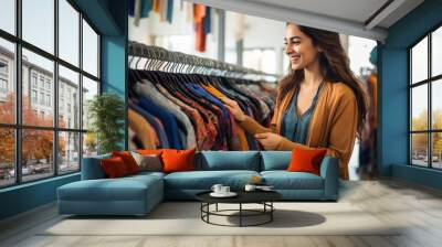 Young Indian woman standing in front of a row of suits in a mall Wall mural