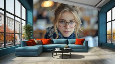  photo of an attractive woman doing homework at the library, glasses, candid photo Wall mural