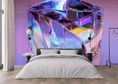 3d crystal glass transparent cube with clear ribbon wave line inside render. Chromatic rainbow geometric block, glossy square box with holographic gradient texture, dispersion light. 3D illustration Wall mural