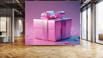 3d illustration of pink gift box with ribbon happy valentines day isolation Wall mural