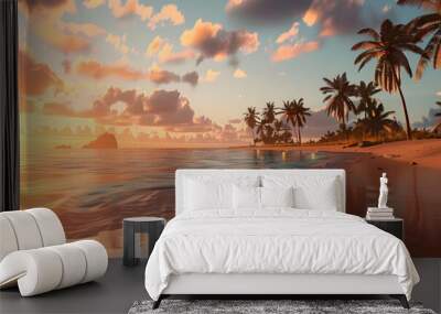 A beautiful beach with coconuts trees at sunset, Generative AI Wall mural