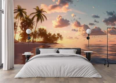 A beautiful beach with coconuts trees at sunset, Generative AI Wall mural