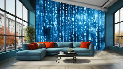 A blue background with white binary code cascading down the screen. Wall mural