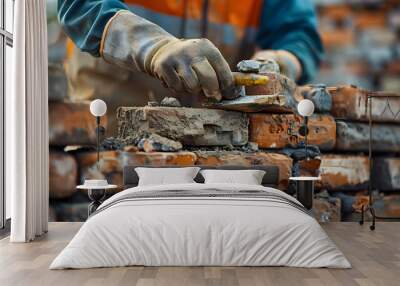 A bricklayer constructs a stone wall using wood, metal tools, and building materials like bricks and rocks. Wall mural