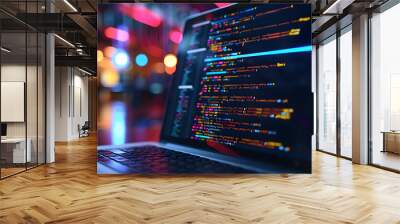 A close-up on a laptop screen displaying code with cloud service APIs and a blurred background of a modern data center, DevOps, Cloud Technologies, dynamic and dramatic compositions, with copy space Wall mural