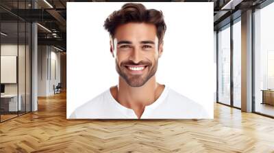 a closeup photo portrait of a handsome man smiling with clean teeth. used for a dental ad. guy with fresh stylish hair and beard with strong jawline. isolated on white background. Wall mural