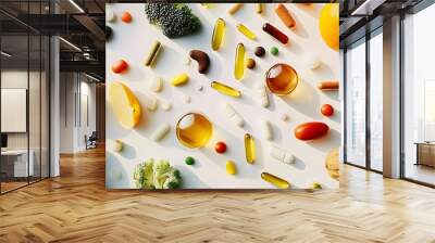 A collection of vitamins, supplements, and various nutritious foods scattered across a white surface, emphasizing health and wellness. Wall mural