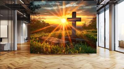 A cross and an empty grave in the rays of the rising sun , rising, rays Wall mural