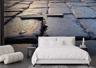 a cross on cobblestone with water drops flowing down the concrete side by side, Wall mural