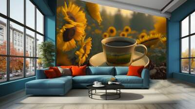 a cup of coffee in the autumn morning, coffee in the morning and yellow sunflower flowers and autumn forest view  Wall mural