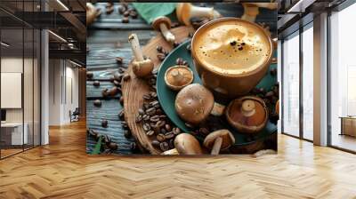 A cup of mushroom coffee on the table, surrounded by mushrooms and coffee beans Wall mural