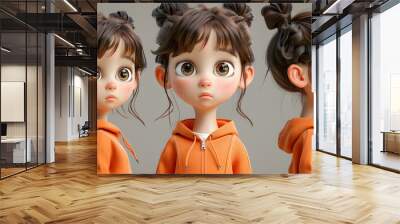 A cute girl in the style of gongbi, whimsical figurines, photorealistic, 8K 3D, anthropomorphic shapes, different moods, multiple poses and expressions, dark beige and orange Wall mural