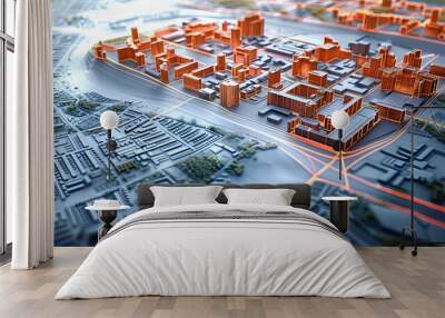 A detailed, technical blueprint showcasing urban planning and city zoning. A layout of a city, including residential, commercial, industrial zones and transportation routes and green spaces. Wall mural