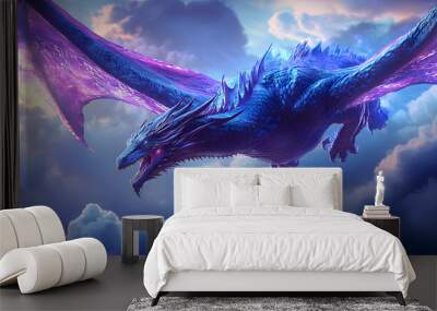 A dragon with a blue head and purple tail is flying through the sky Wall mural